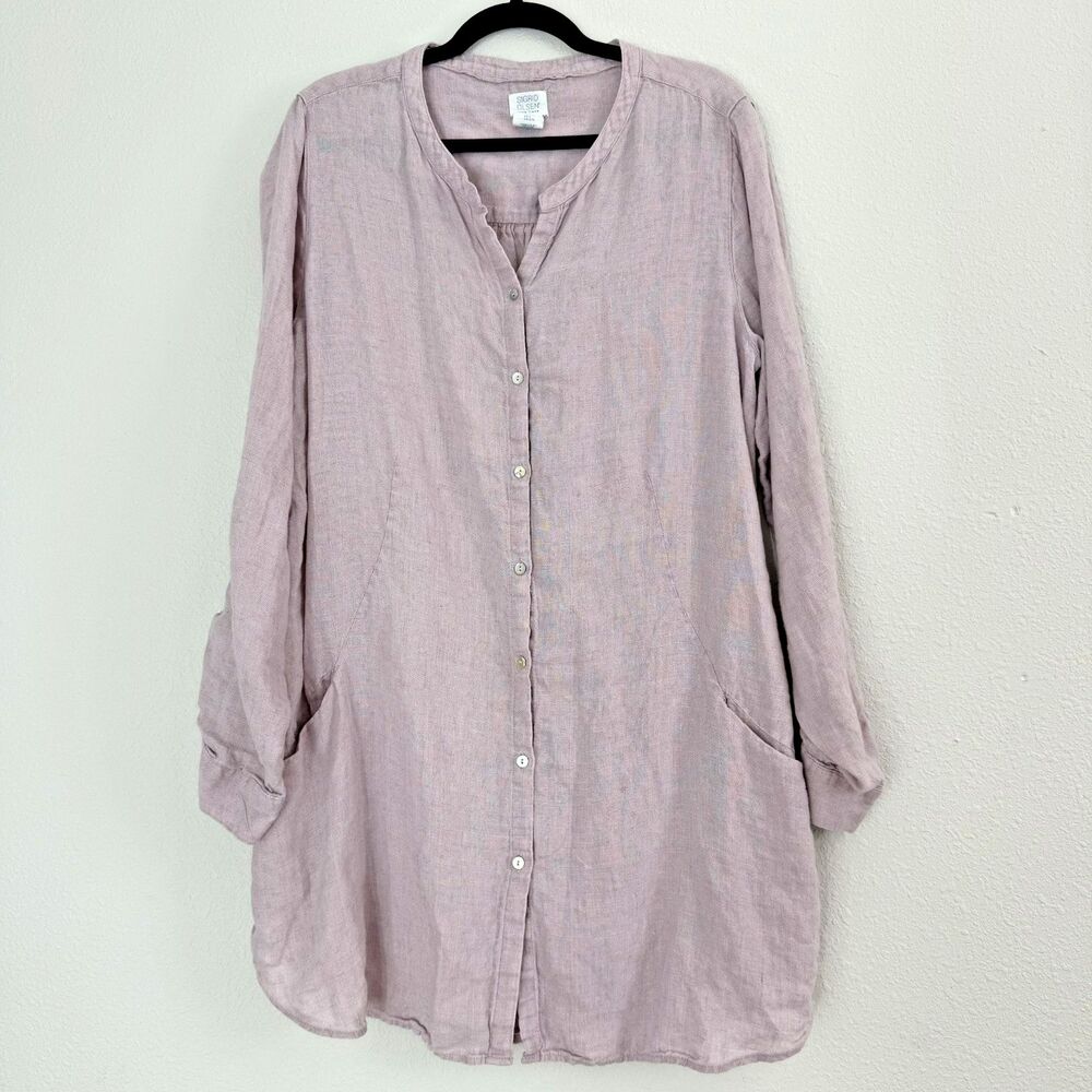 Sigrid Olsen Linen Tunic Top Large Button Up Roll Tab Sleeve Pockets Beachy
